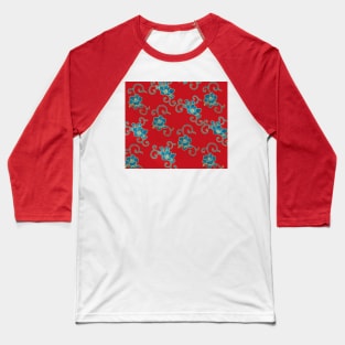 BLUE LOTUS FLOWERS IN ROYAL RED Kimono Style Antique Japanese Floral Baseball T-Shirt